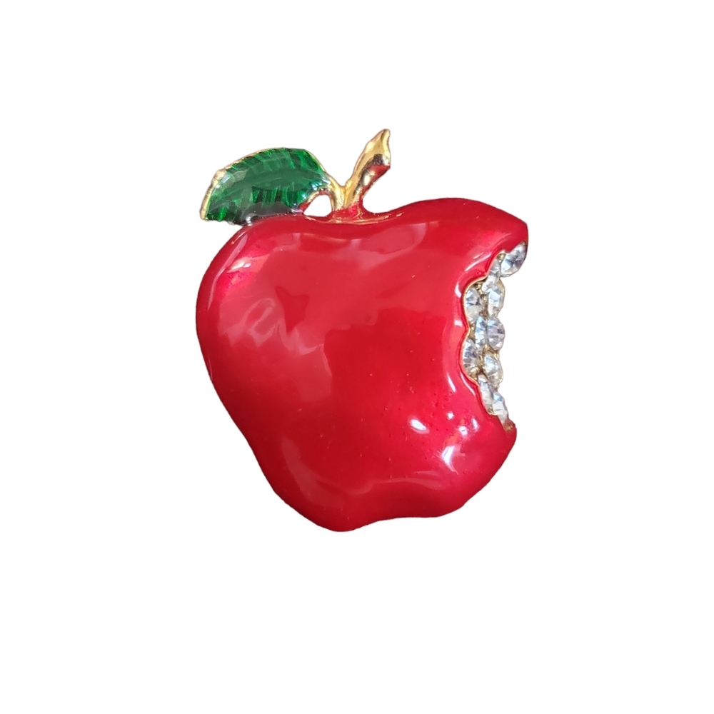 Vintage Estate Signed SAXON Enamel & Rhinestone Red Apple Brooch/Pin